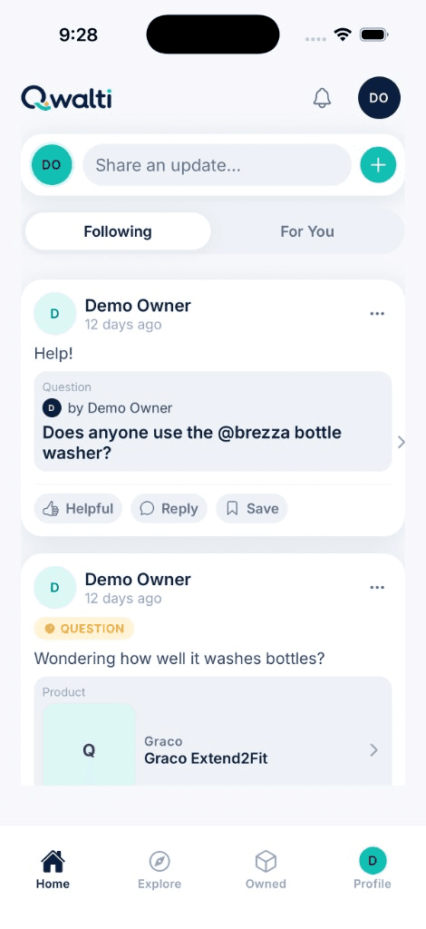 Owner home feed with questions, product mentions, and discussions